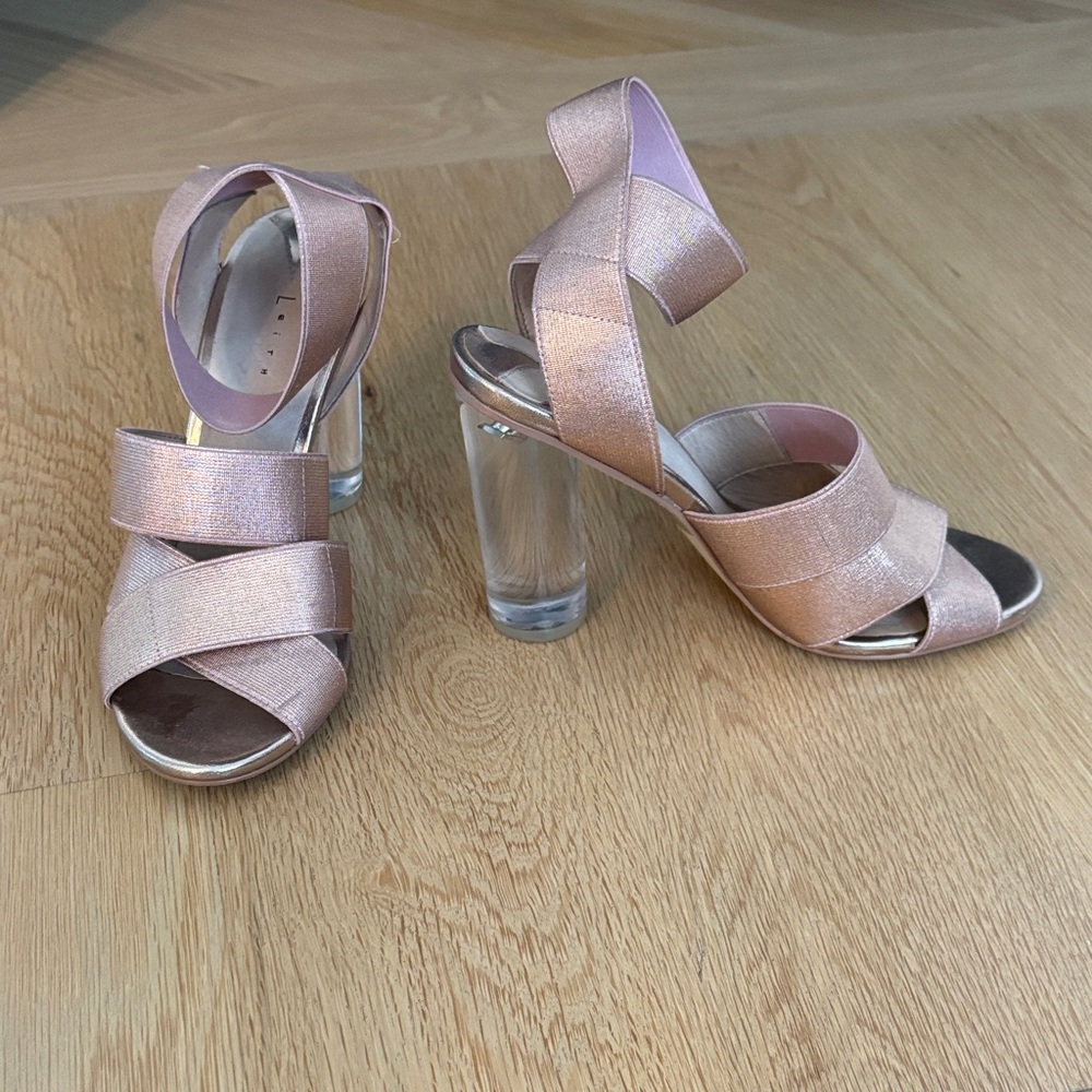 Leith rose gold lucite heel sandal. 6.5
